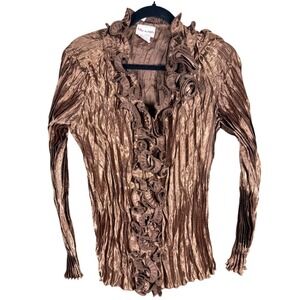 Toffee Apple Bronze Metallic Plisse Crinkle Ruffle Rosette‎ Blouse XXL Womens
